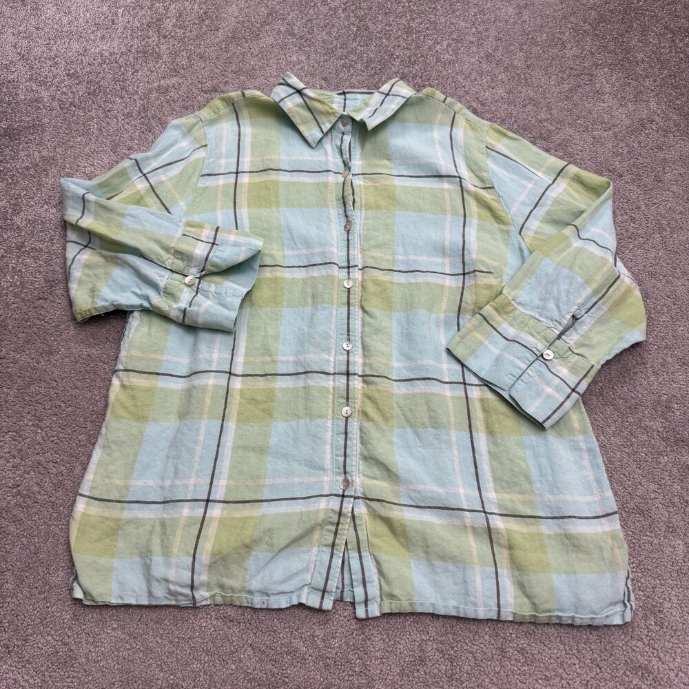 Charter Club Linen Button Down Shirt Womens Plus 16W Green Blue Plaid Casual Top